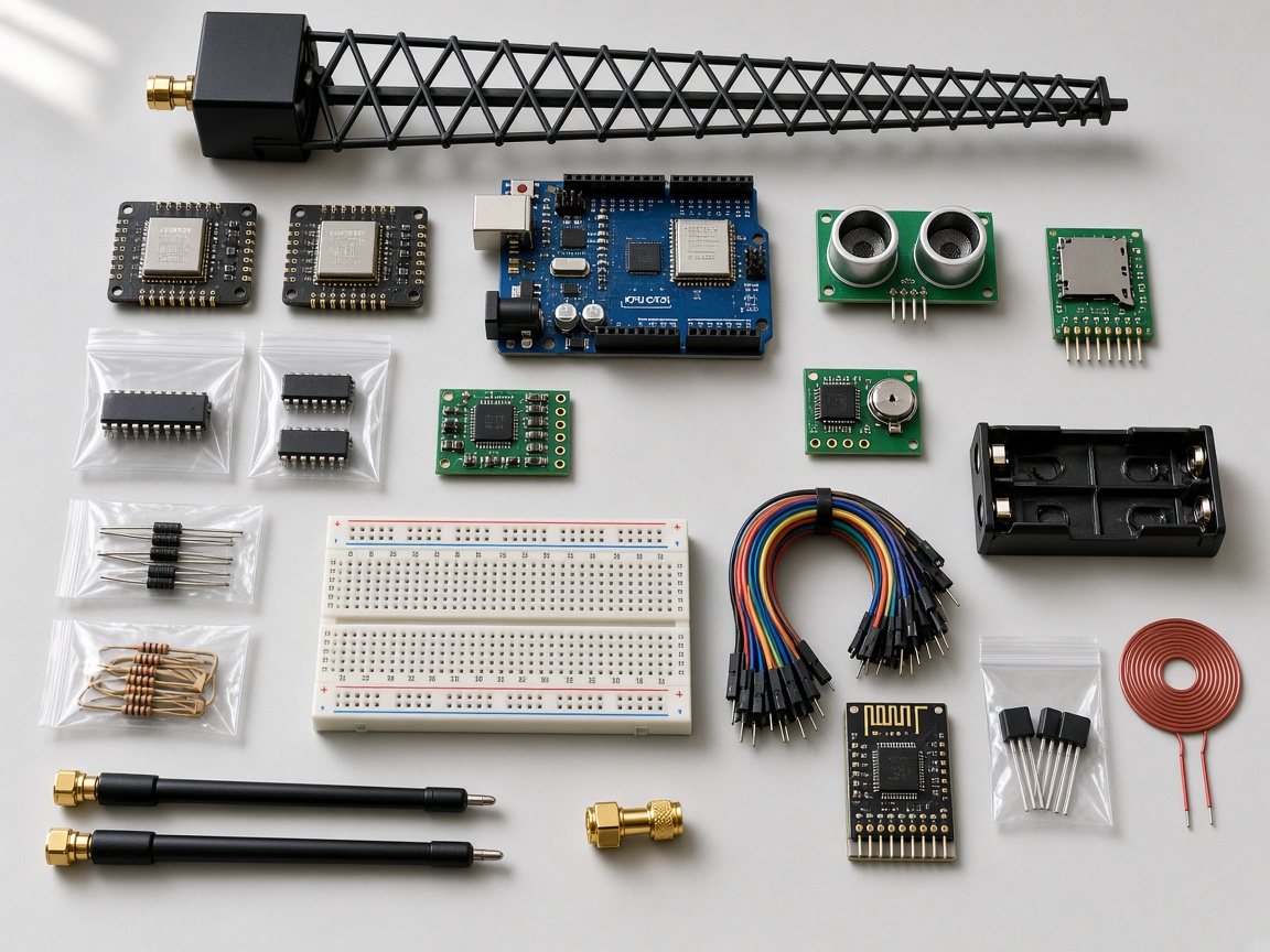 Electronics parts lot with ESP32, ICs, sensors and antennas
